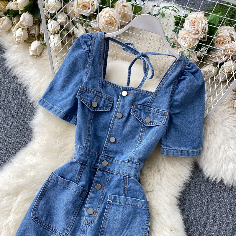 summer fashion Split denim dress package hip puff sleeve single-breasted women slim Square collar jeans dress