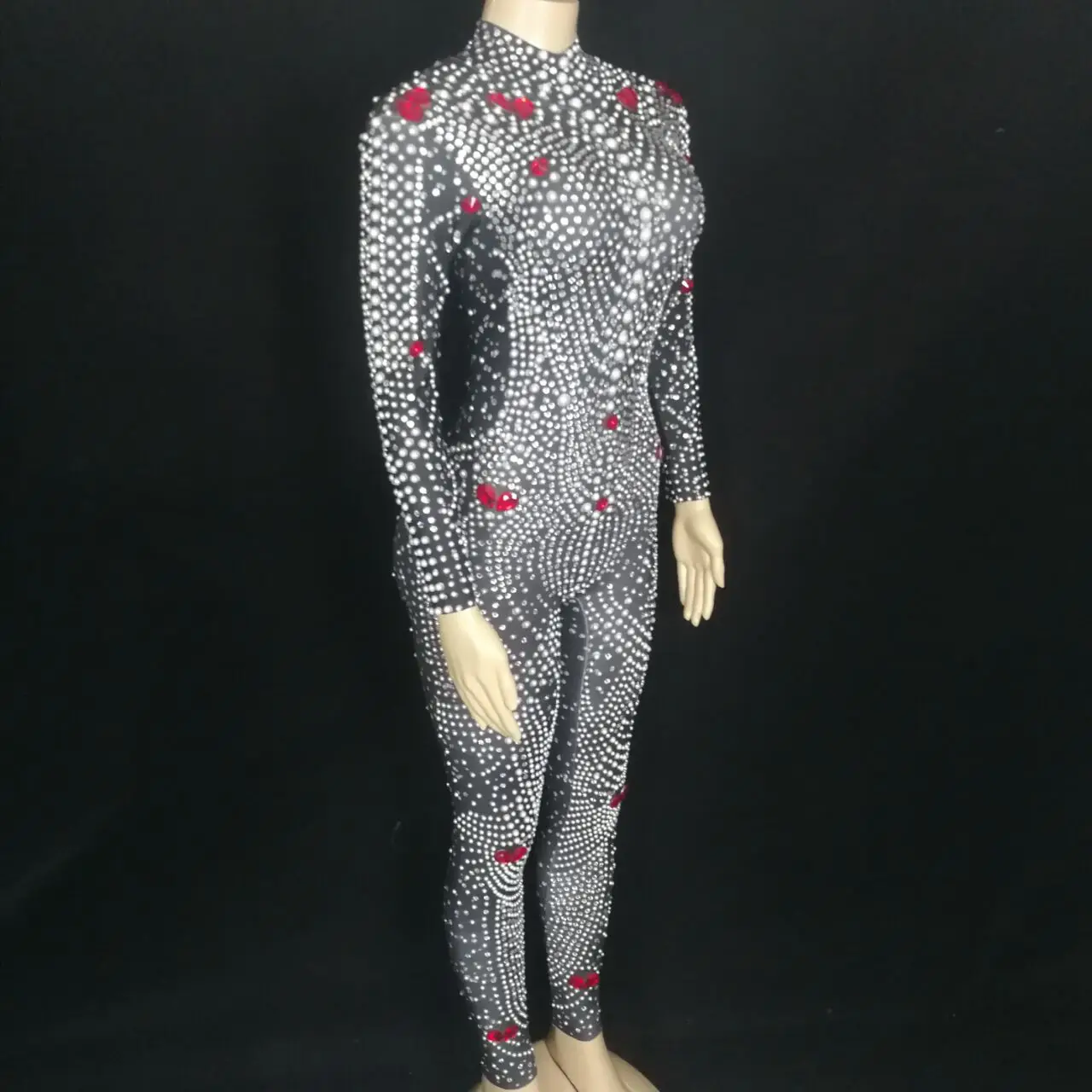 Luxury Pearl Rhinestones Tight Jumpsuit Long Sleeve Birthday Evening Celebrate Stage Wear Nightclub Singer Performance Costume