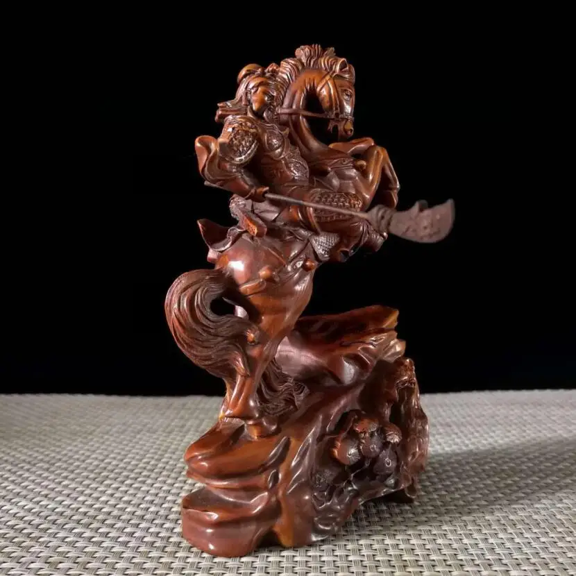 China Hand-carved boxwood archaize ride Horse Guan yu crafts statue