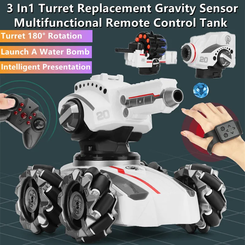 Watch Sensing 3-In-1 Remote Control Tank Car 2.4G 4WD Launch Bullet Bubble Intelligent Demo Turret Rotate Smoking Music RC Tank