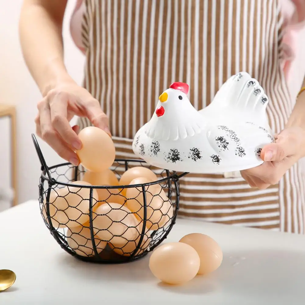 Chicken Shape Decoration Iron Anti-slip Eggs Holder Basket Organizer Storage Fruit Container Kitchen Hen Decor Basket Ceramic