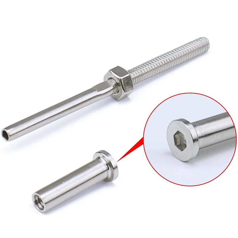 20Pack T316 Stainless Steel Cable Railing Threaded Stud Tensioner Receiver & Flat Head Stemball Terminal for 1/8 Cable