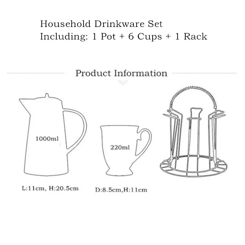 Household Water Ware Set, Ceramic Mug with Metal Rack, Porcelain Bone China, Cold Water Pot, Coffee Cups, Gift, Fashion