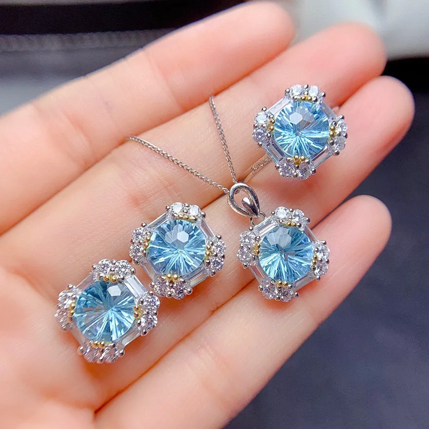 Chic Blue Crytal Topaz Diamonds Gemstones Pendant Necklaces Stud Earrings White Gold Color Jewelry Sets for Women Party Gifts