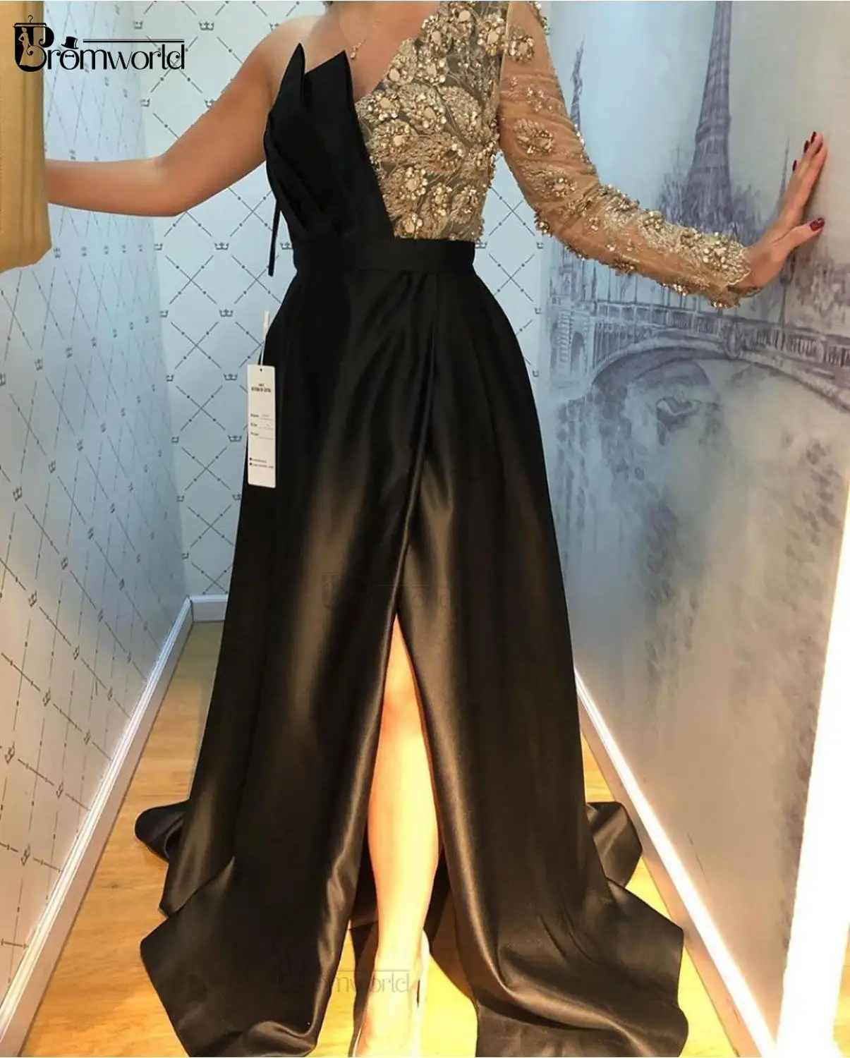 Een Schouder Mouwen Kralen Black Satin Avondjurk Lange Met Slit A-lijn Vestidos Formales Dubai Arabisch Prom Party Gown 2022