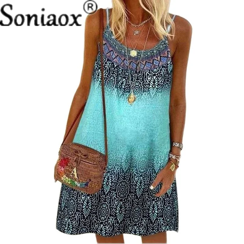 

Women Summer Boho Print Strappy Dress A-Line Sexy Bohemian Beach Sundress Female Loose Dresses Vestido Verano