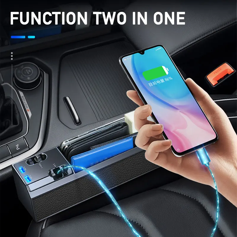 SEAMETAL Car Seat Gap Storage Box with Charge Cable Multifunctional Car Organizer Dual USB Port Phone Charger for iPhone/Android