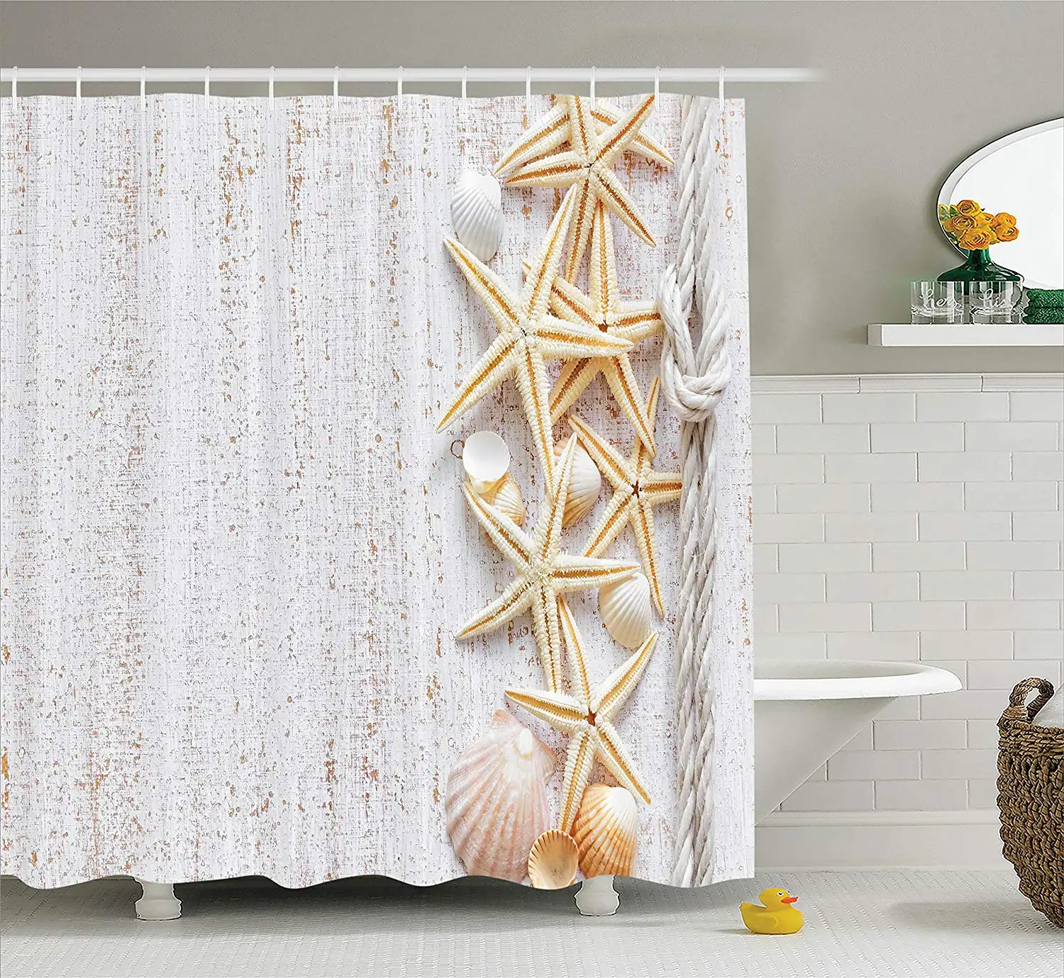 Seashells and Starfish Shower Curtain Vertical Direction Wood Surface Ocean Beach Fabric Bathroom Decor Set with Hooks