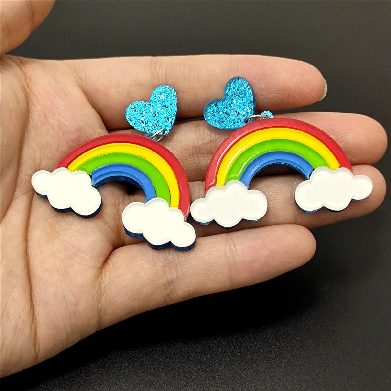 KUGUYS Rainbow White Clouds Drop Earring for Women Glitter Acrylic Lovely Cute Cartoon Gift Fashion Trendy Jewelry Accessories