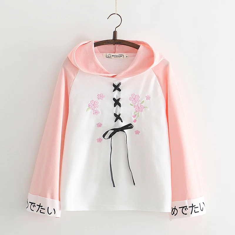 Harajuku Women Lace Up Hoodies Cute Floral Embroidery Hooded Pink Sweatshirt Sweet Girls Bandage Letter Print Pullovers Blue