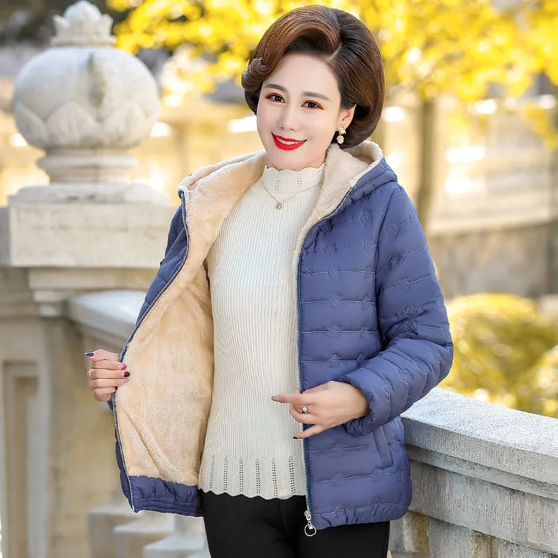 Autumn Winter Middle-aged Lady Hooded short Jacket Women Slim Plus Cashmere Warm Coat  Casual wam coat