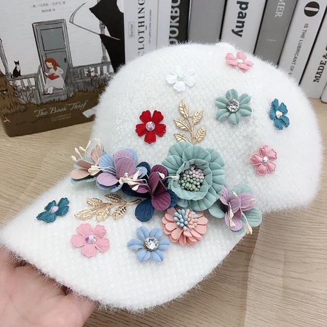 Hat Korean Winter Thickened Warm Three-dimensional Flower Baseball Hat Girl Plush Hat Duck Tongue Hat Sunscreen Pink