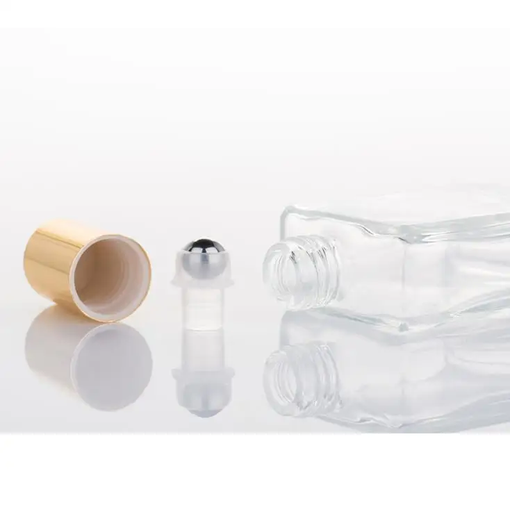 240pcs 15ml Square Clear Glass Roll On Bottle With Gold Cap Stainless Steel Roller For Essential Oil Perfume SN241