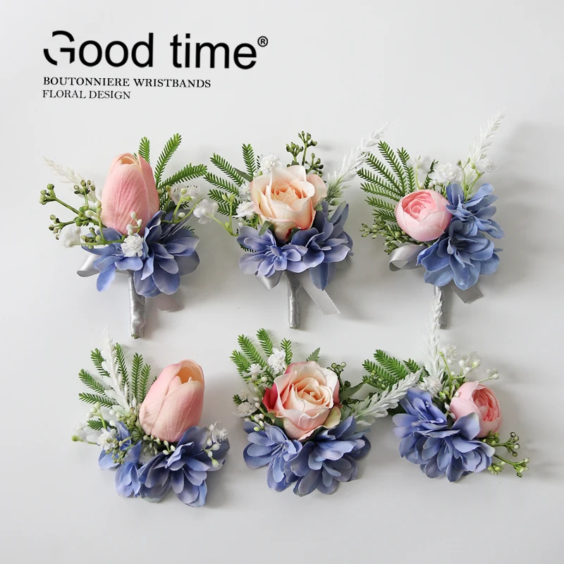 GT ผ้าไหม Corsages สีฟ้า Boutonnieres ของตกแต่งงานแต่งงานแต่งงาน Rose นาฬิกาข้อมือ Corsage Pin Boutonniere ดอกไม้สำหรับผู้เข้าพัก