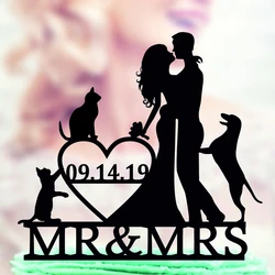 Personalized Wedding cake topper with dog and cat,Couple Wedding Cake Topper dog with mr and mrs date Cake Topper