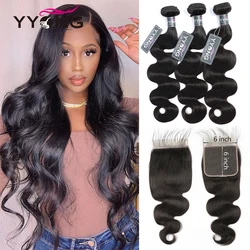Yyong Peruvian Body Wave 6x6 Lace Closure With Bundle Remy Human Hair 3/4 Bundles With Closure Natural Color Remy Hair