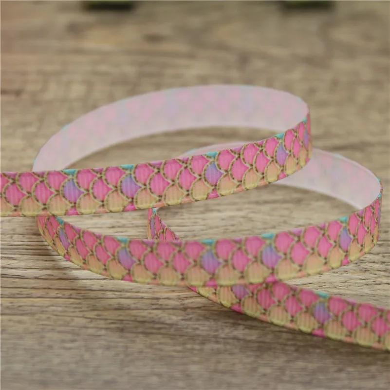 DHK 3/8\'\' 5yards mermaid fish scale leaf printed grosgrain ribbon Accessory hairbow headwear DIY decoration 9mm E1589