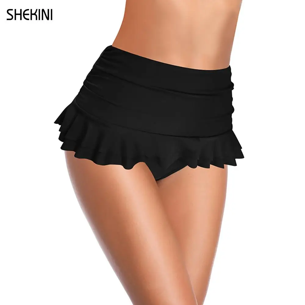 SHEKINI Women\'s Swim Skirt Summer High Waisted Built-in Bottom Shirred Ruffle Skirt Solid Shorts Ruched Tummy Control Swimsuit