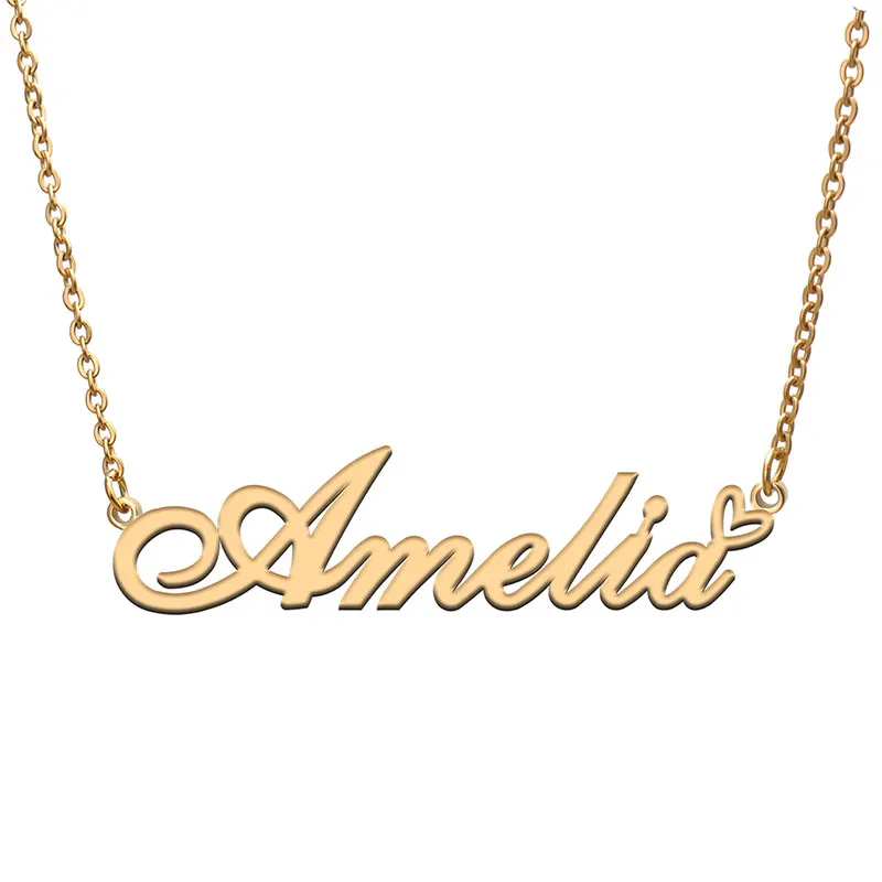 Amelia with Love Heart Name Necklace for Women Stainless Steel Jewelry Nameplate Pendant Femme Mother Child Girls Gift