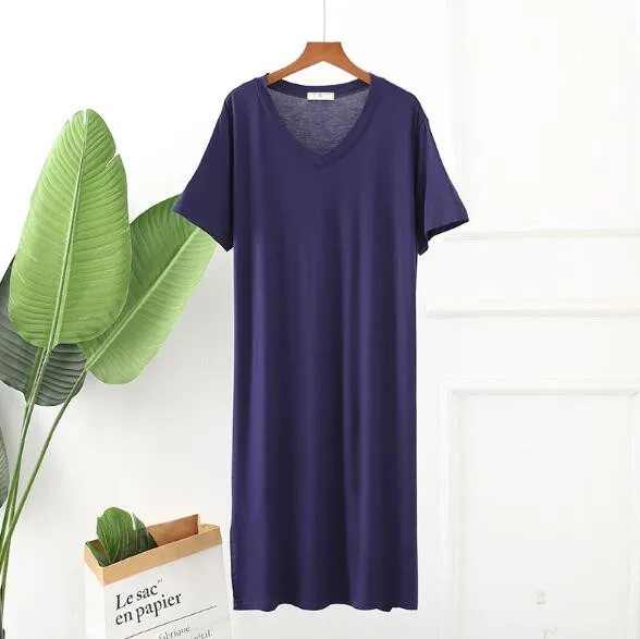 Robe de nuit en coton modal à manches courtes pour femmes, vêtements de nuit amples, chemise de nuit longue, grande taille