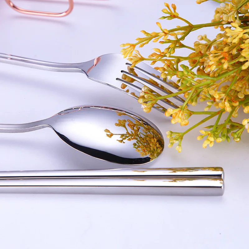 3pcs Reusable 304 Stainless Steel Tableware Set Portable Spoon Fork Chopsticks Set for Travel Outdoor Dinnerware with Pack