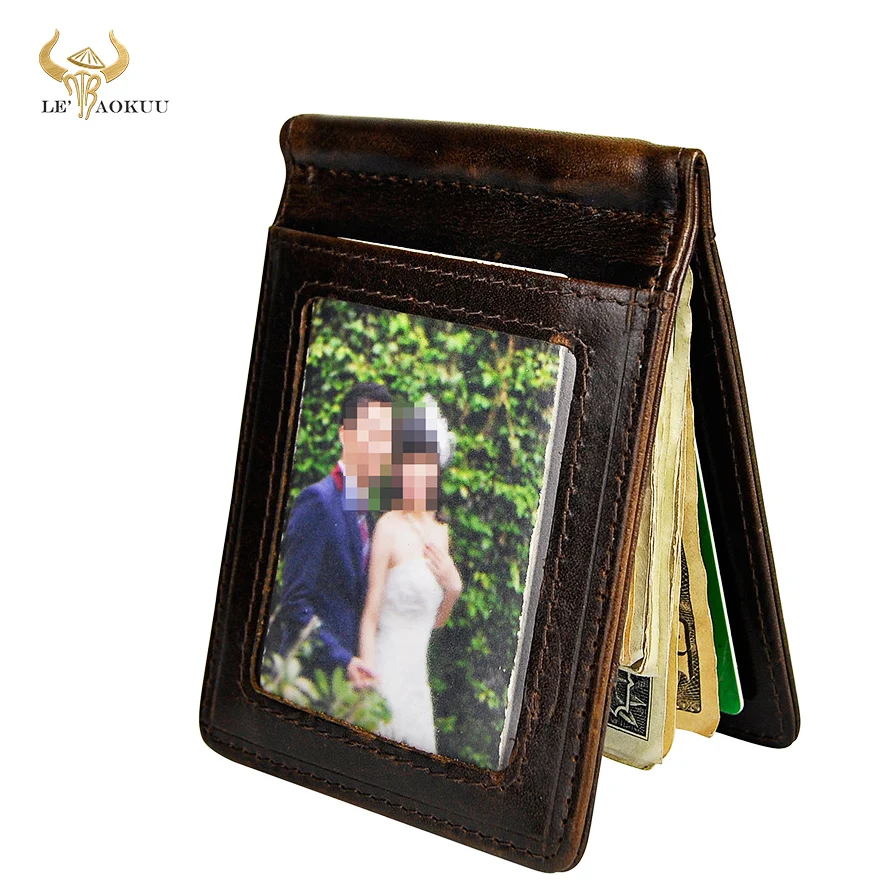 Genuine Leather Men Magnetic Money Clip Wallet Business Card Photo Holder Case Design Front Pocket Wallet Mini Purse Male 1099-c