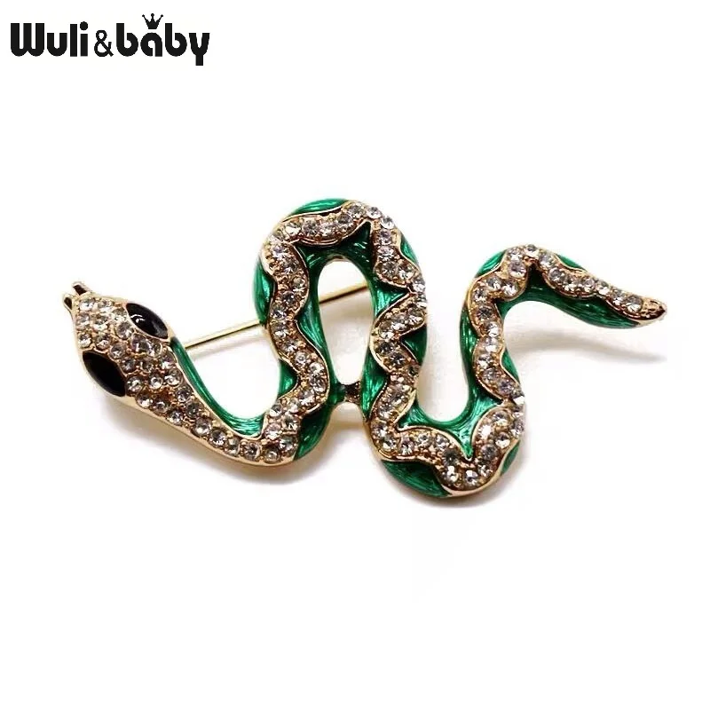 Wuli&baby Green Snake Brooches Women Men Rhinestone Enamel Snake Animal Party Casual Brooch Pins Gifts