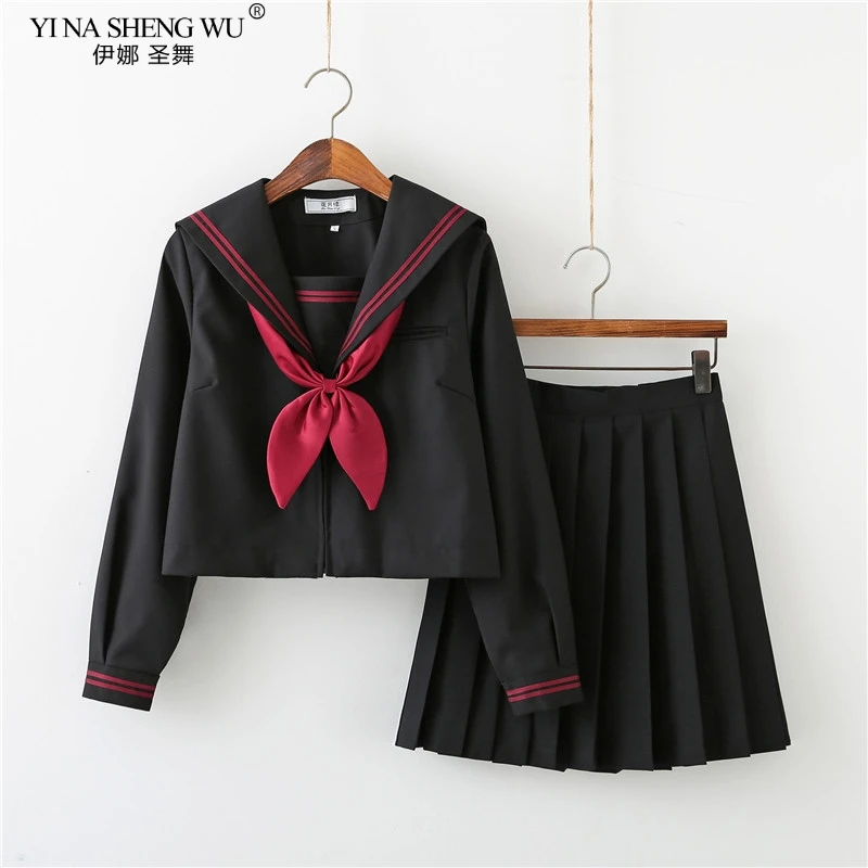 

BLACK Orthodox College Style Japanese Korean Student School Uniform JK Uniform Girl Anime Cosplay Sailor Suit Class Top Skirts