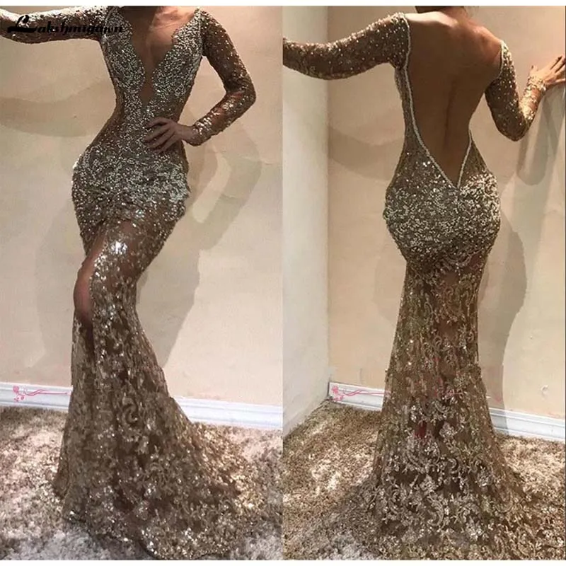 Deep V Neck Long Sleeves Sequins Mermaid Long Evening Dresses Beaded Sheer Mesh Top Split Backless Formal Party Prom Dresses