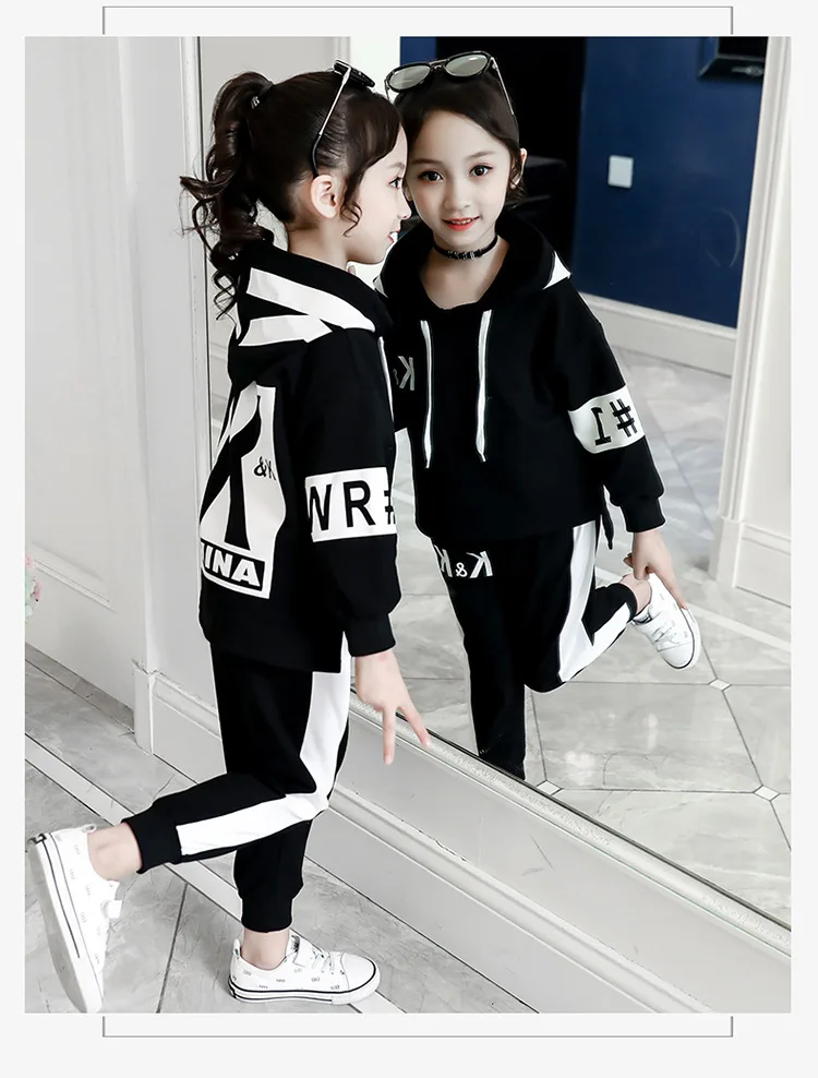 

New girls winter wear black thick cashmere suit Korean children wear Kids cuhk hooded stylish trousers two-piece outfit ST19094