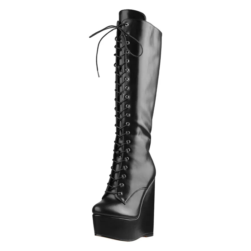 Onlymaker Women Platform Wedge Heels Knee High Boots Lace Up Side Zip Heeled Plus Size Black Handmade Boots