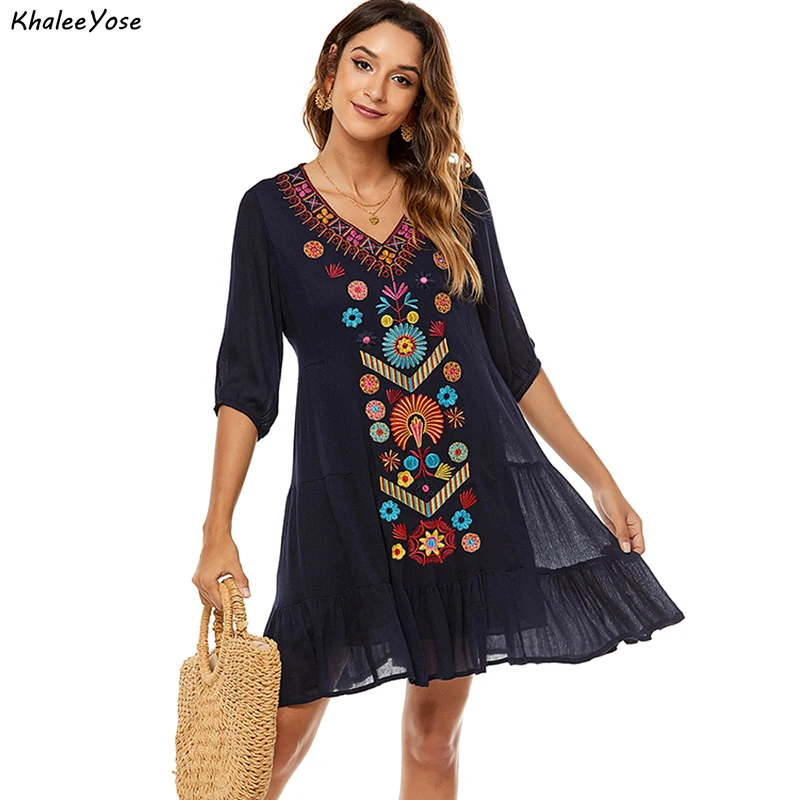 Khalee Yose Floral Embroidery Mini Dress Boho Vintage Summer Holiday Women Dresses Black Casual Chic Oversized Ladies Dress 2021