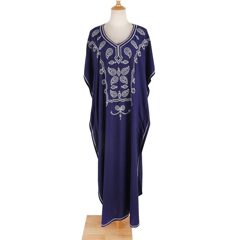 Bali Beach Long Maxi Dress Kaftan Swimsuit Bathing Suit CoverUp Summer ResortWear NavyBlue Caftan Paisley Swirl Embroidered Robe