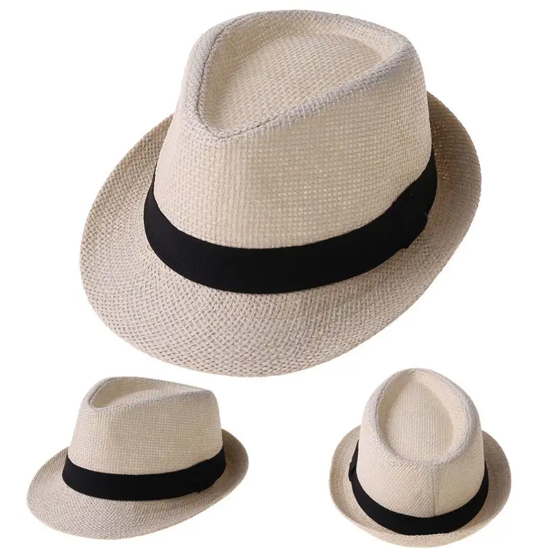 Sombrero de paja de playa para niños y niñas, sombrero de paja de Jazz, Panamá, Trilby, Gángster, transpirable, para exteriores