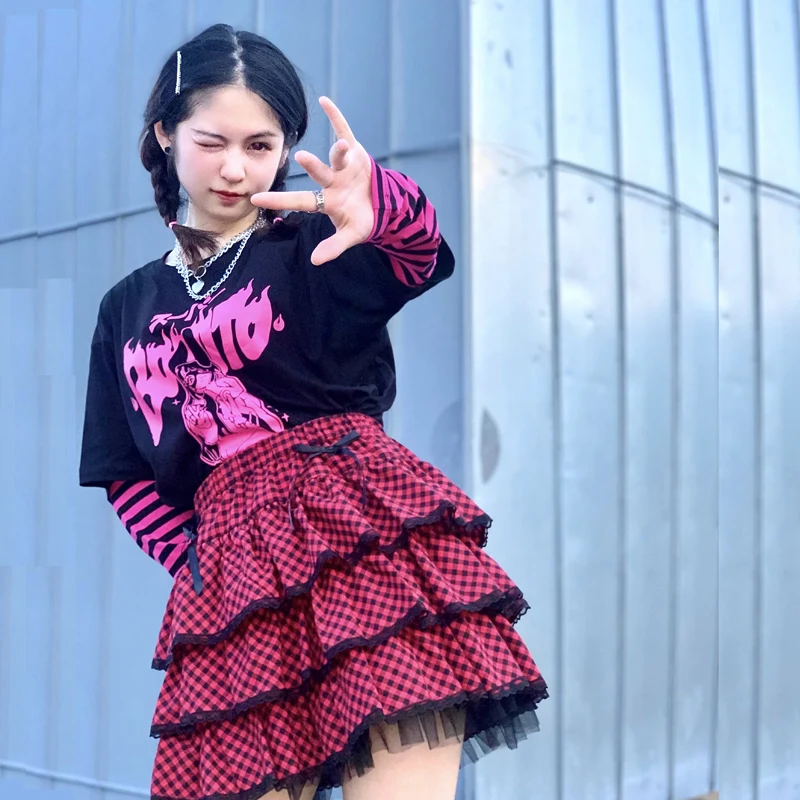 Original Japanese Harajuku Girls Red Purple Plaid Skirts Gothic Punk Sweet Lolita Cake Mini Skirt Ball Gown Kawaii Short Skirts