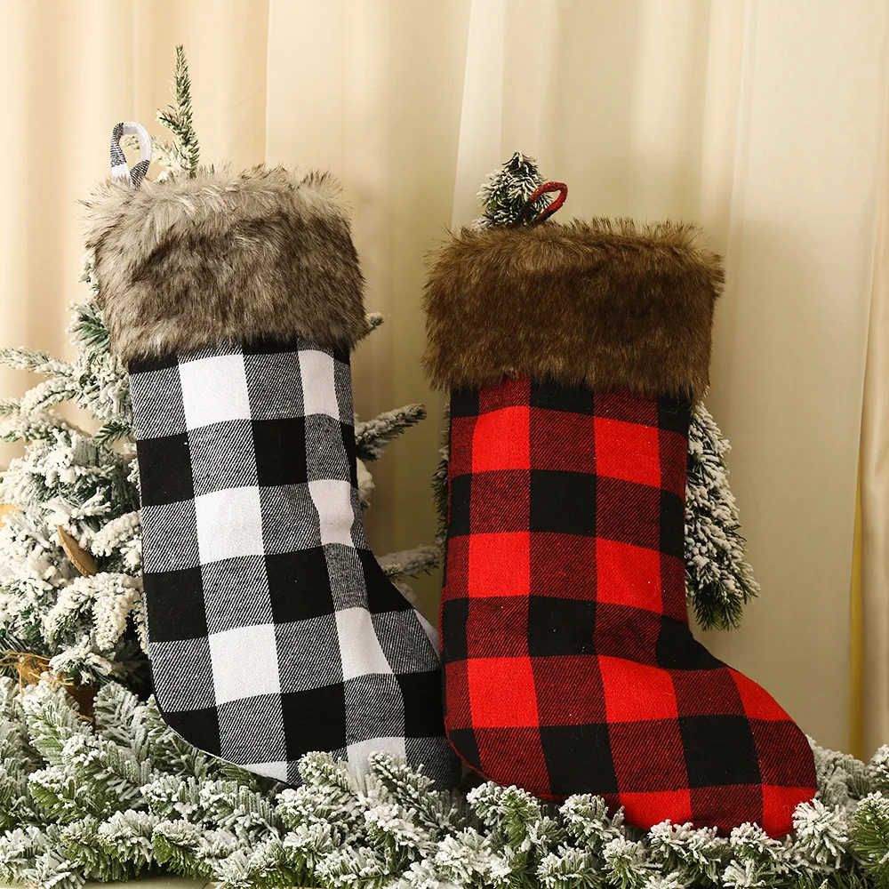 Personalized Buffalo Plaid Christmas Stockings Handmade Stockings Red & Black Custom Christmas Stockings Fur Christmas Stocking