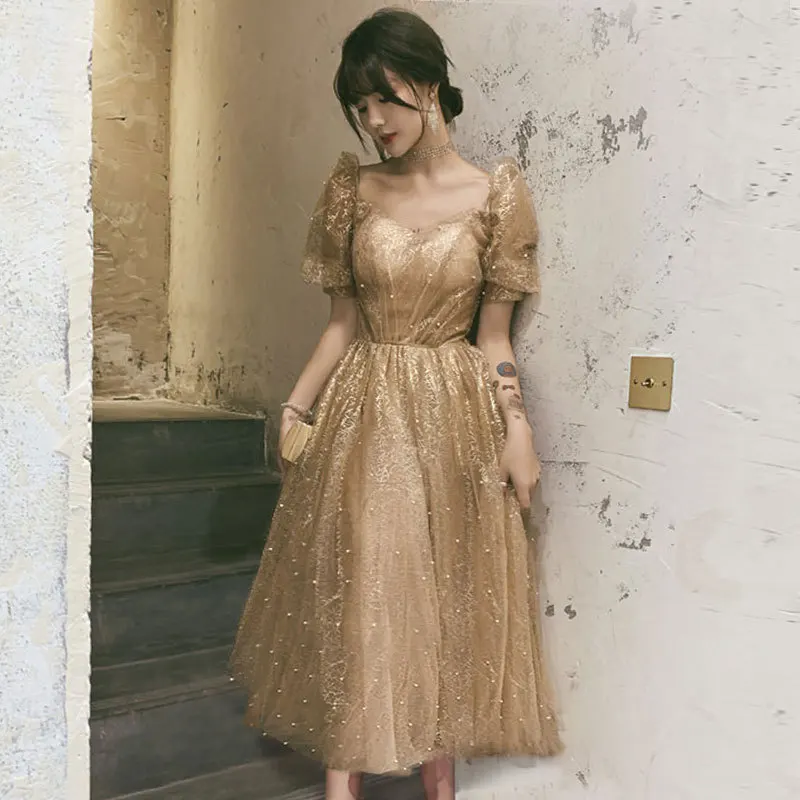 French Style Sweetheart Lace-Up Bridesmaid Dresses For Women Sequined Puff Sleeve Floor-Length Graceful Celebrity Gowns