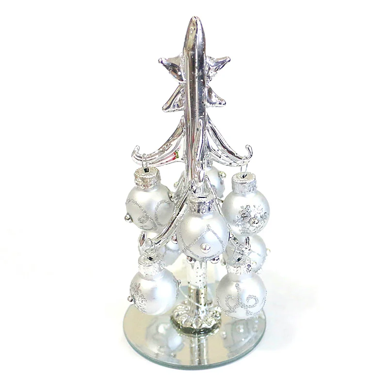 

Hand-Blown Small Silver Glass Christmas Tree Decoration Ornament 13cm With 8Pcs Light Hollow Xmas Glass Ball Pendant Accessories