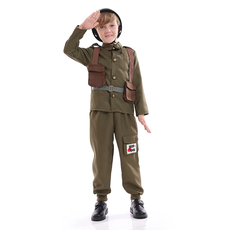 Costume de soldat de l'armée pour enfants, cosplay d'Halloween unisexe pour garçons, uniforme militaire de la seconde guerre mondiale, imbibé de chapeau, habillage