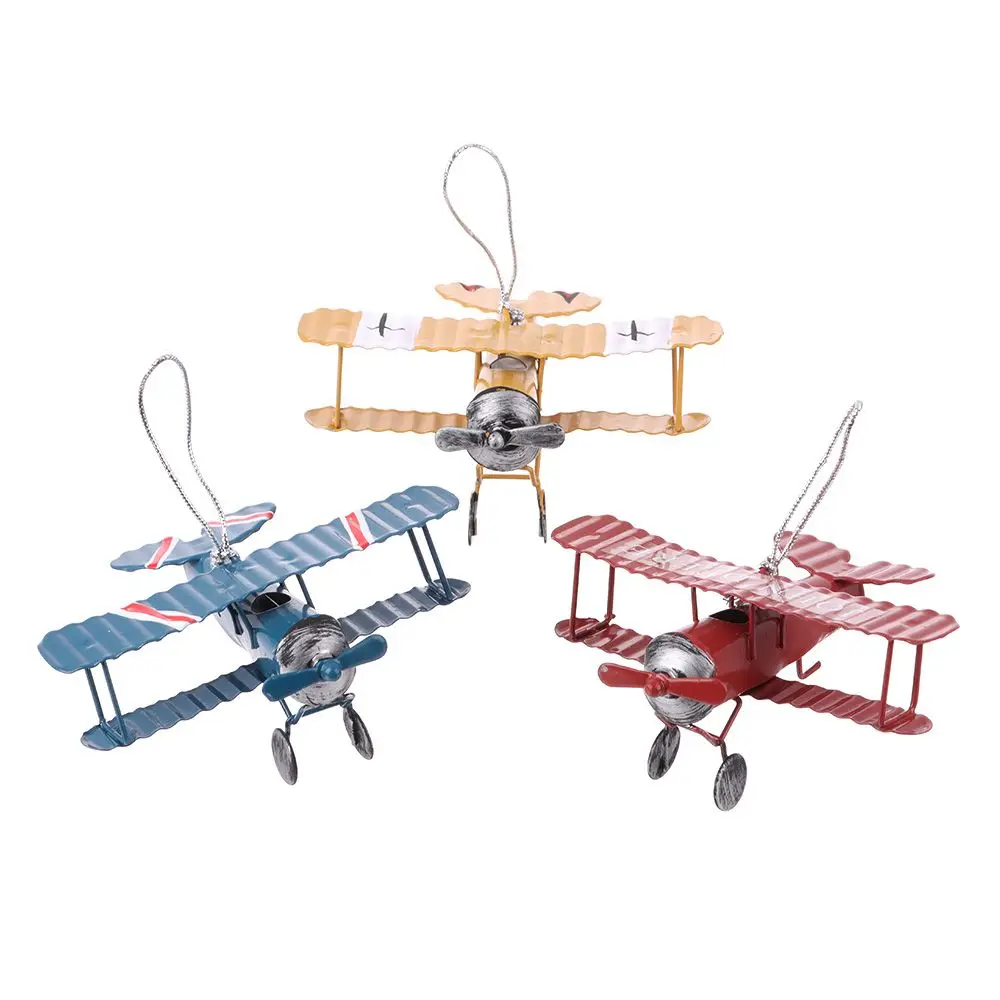 Vintage Biplane Model Mini Figurines for Home Decor Metal Iron Air Plane Model Aircraft Children Room Hanging Decor Kids Gift