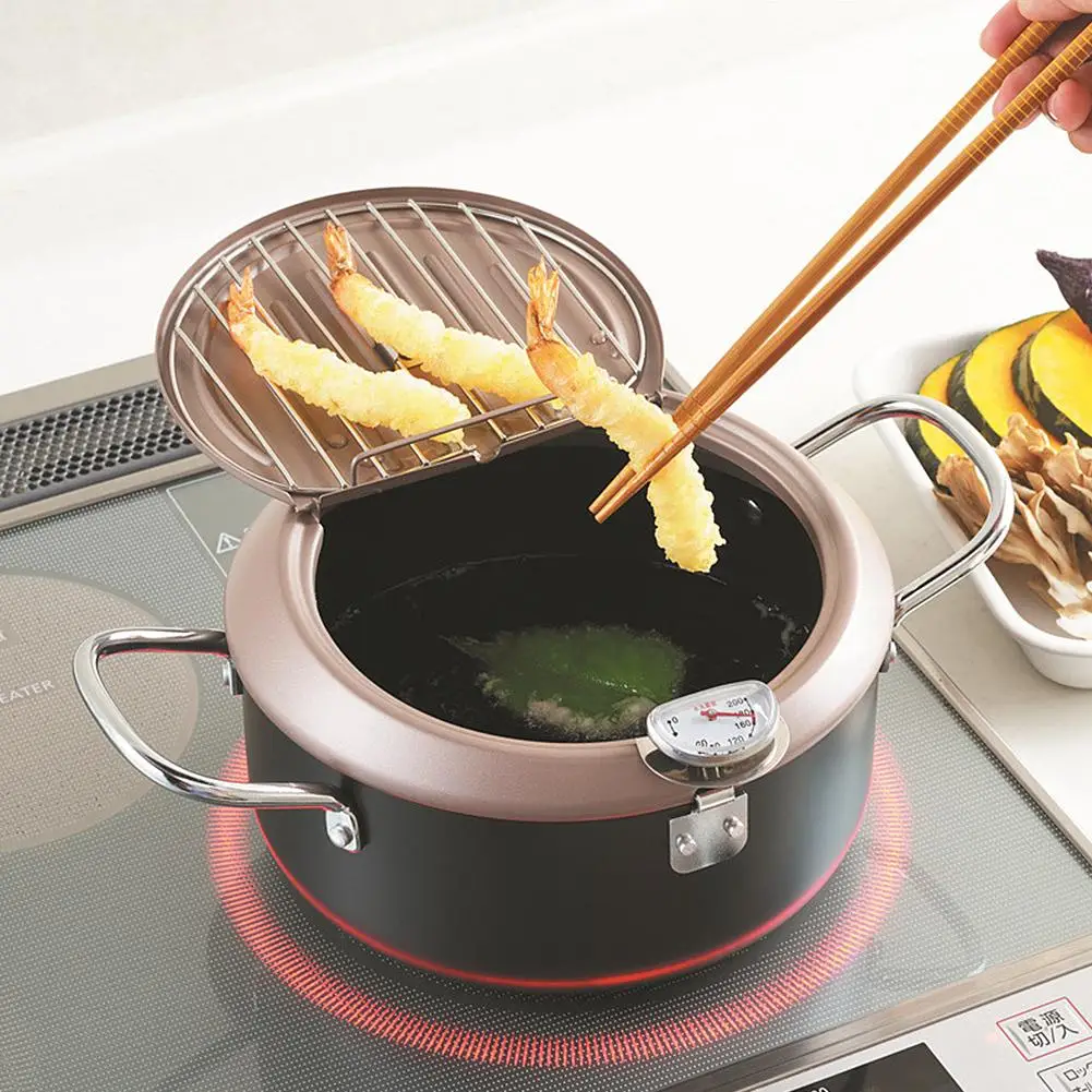 Japanese Style Deep Frying Pot Thermometre Tempura Fryer Pan Temperature Control Fried Chicken Pot Cooking Tools Kitchen Utensil