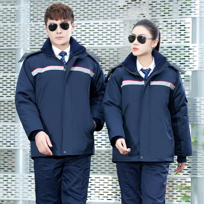 Winter working cotton padded hooded overcoat machine repair Coveralls reflective protective safety work jacket cleaning uniforms