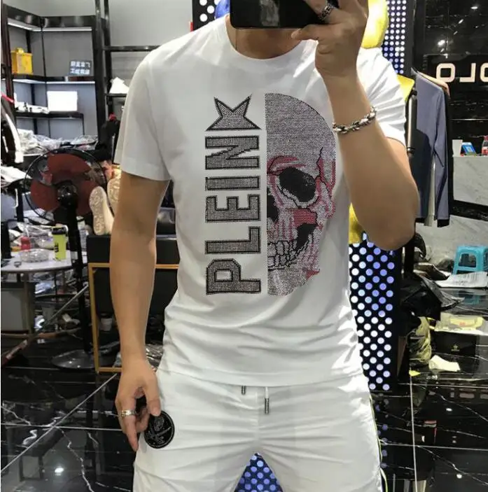 S-6XL Rhinestones t-shirtCotton Mens short Anime Skulls tshirt   Streetwear  hip hop Casual Hot drill top quality