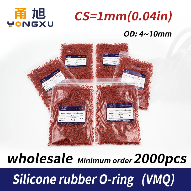 

2000PCS/lot wholesale Red Silicon O-ring Food grade Silicone/VMQ CS1mm Thickness OD4/5/6/7/8/9/10mm O Ring Seal Rubber Gasket