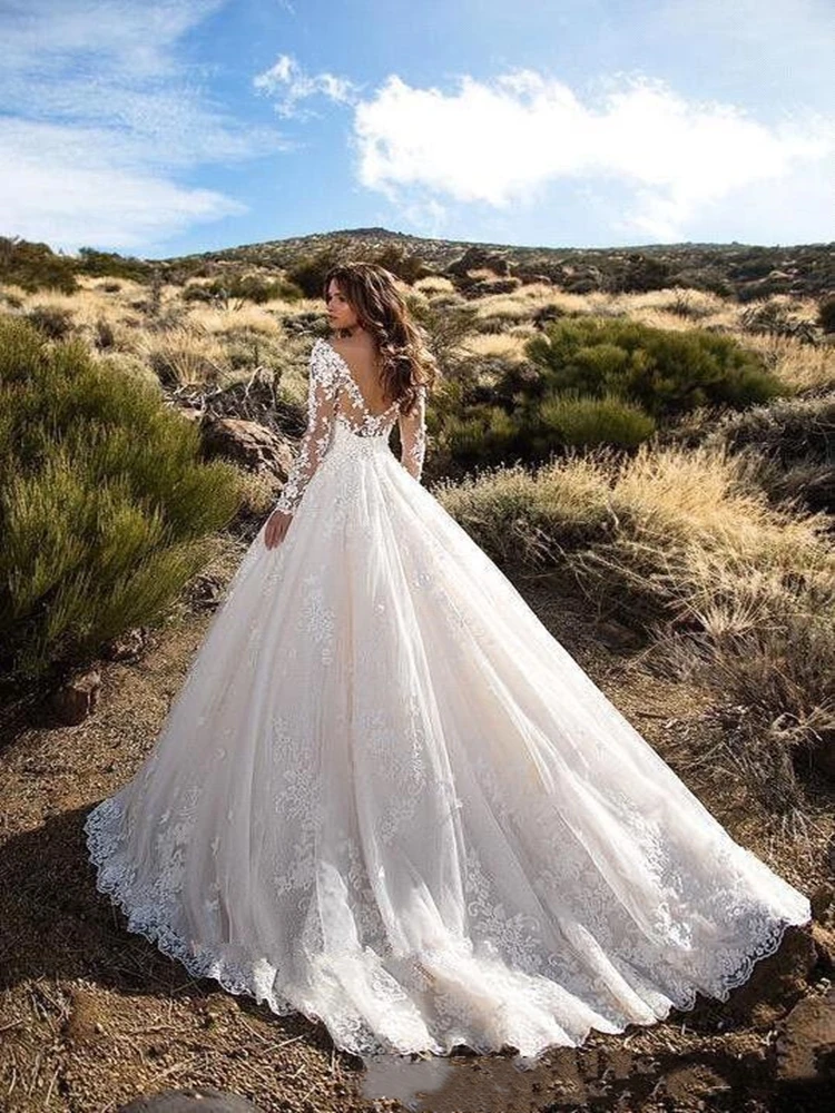 Vestido de novia clásico de manga larga, prenda Sexy con cuello en V, Espalda descubierta, línea A, con apliques de encaje transparente