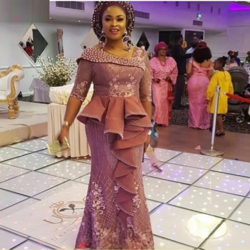 African Women Mermaid Evening Dresses With Long Sleeves Peplum Major Beadings Appliques Lace Prom Dress Aso Ebi Party Gowns