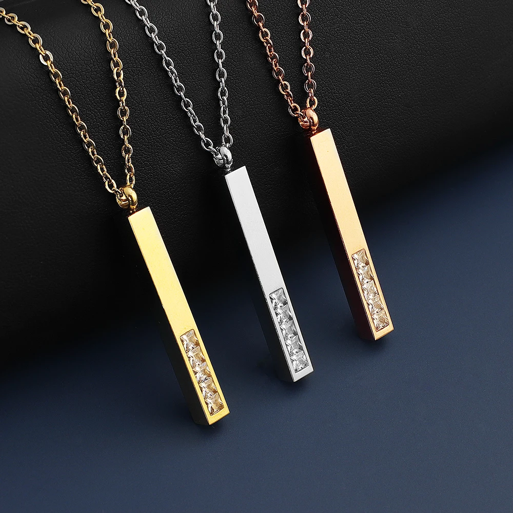 

MYLONGINGCHARM Personalized Name Bar Neckalce with White Stones 5x45mm stainless steel 3D bar pendant with your text date name