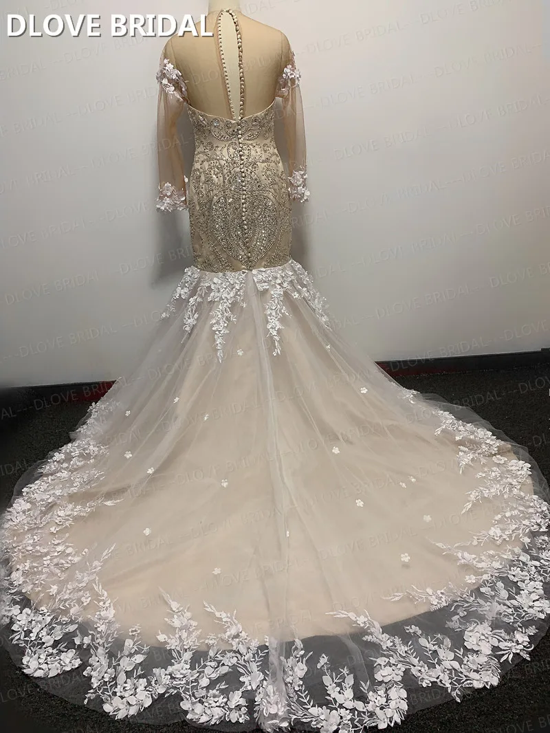 Abito da sposa in cristallo di lusso Illusion maniche lunghe abito da sposa a sirena con Appliques in pizzo fiore 3D abiti su misura in fabbrica