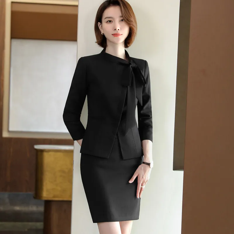 Czerwone garnitury damskie High End New Business Fashion Temperament Bow Design Long Sleeve Formal Blazer And Skirt Office Ladies Work Wear