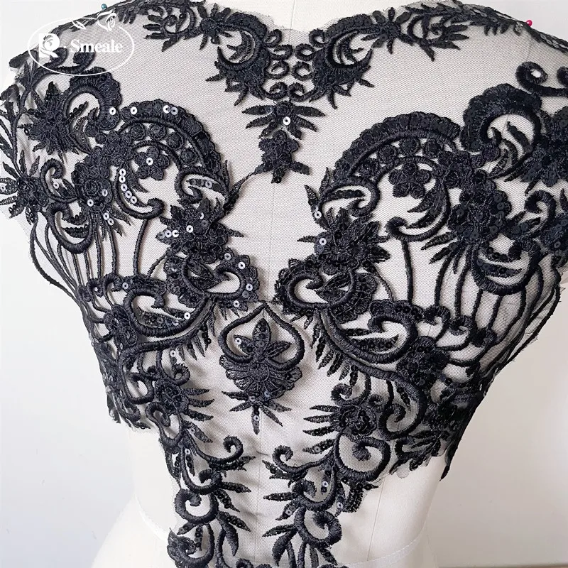 Schwarze Elfenbein-Pailletten-Hochzeitsapplikation Spitze Blumenmuster Hohl Sexy DIY-Zubehör RS3099 – Detail 6